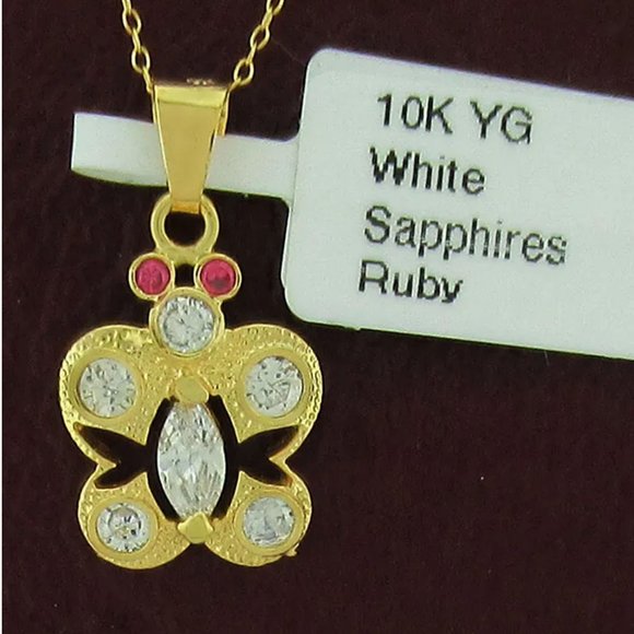 White Sapphires & Ruby Butterfly Pendant 10k Gold